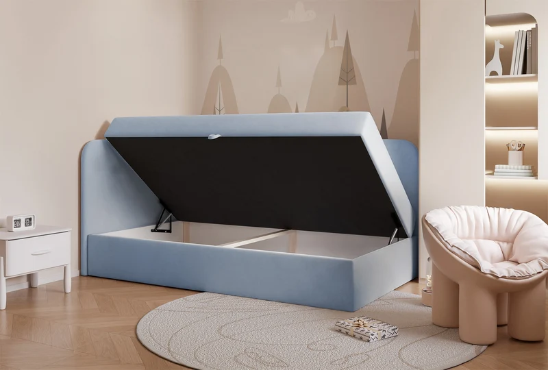 Jugendbett 90x200 cm Nubini linksseitig mit Stauraum, hellblauer wasserabweisender Samt