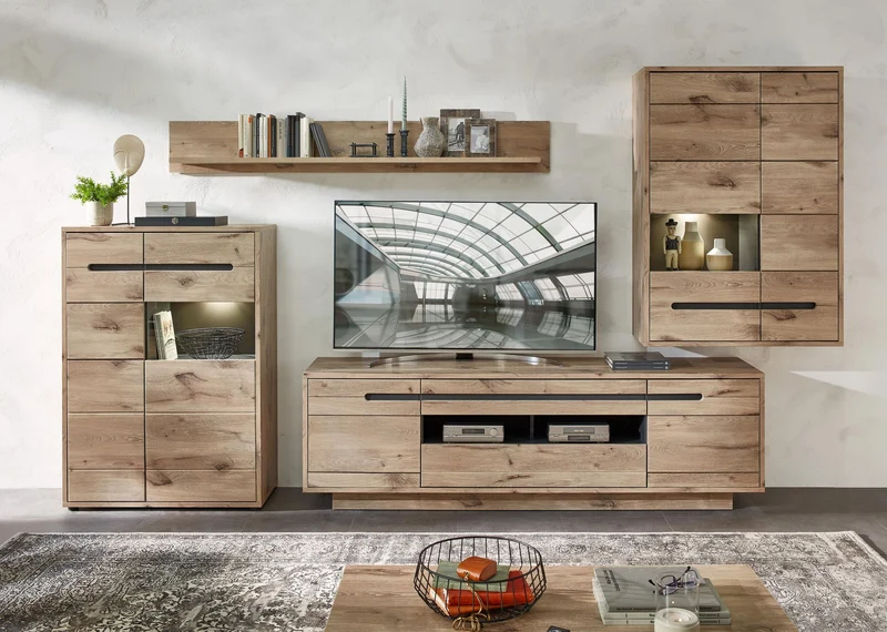 Vitrine BELLANO Viking Oak Nature mit LED 128 cm hoch