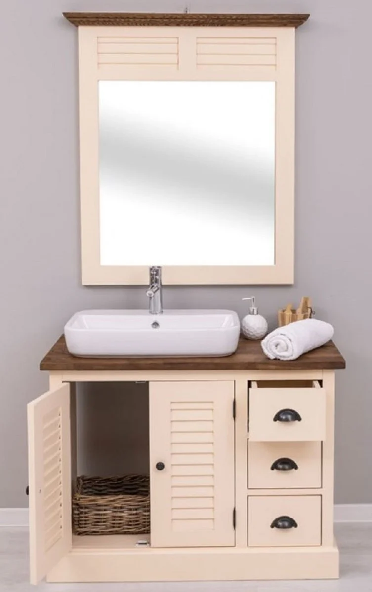 Casa Padrino Landhausstil Badezimmer Set Beige / Dunkelbraun - 1 Landhausstil Waschtisch mit Waschbecken und Armatur & 1 Landhausstil Wandspiegel - Badezimmer Möbel im Landhausstil