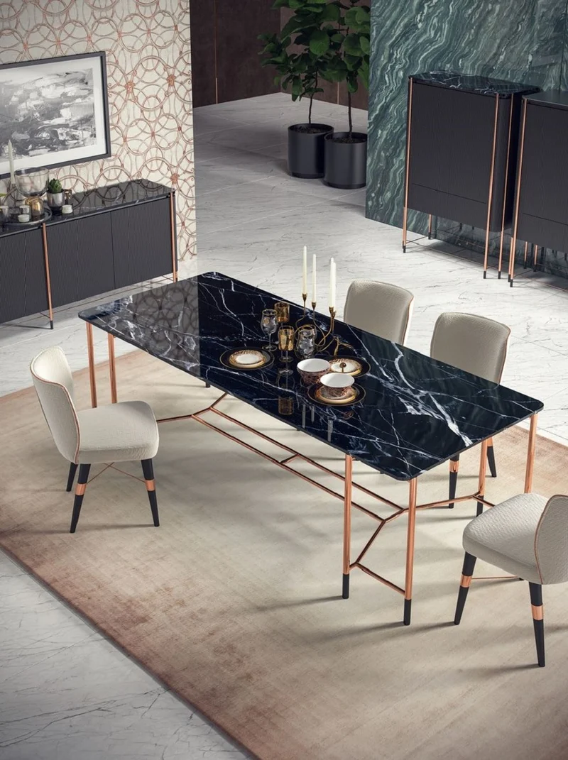 Casa Padrino Luxus Esszimmer Möbel Set Weiß / Schwarz / Kupfer - 1 Luxus Esstisch mit Marmorplatte & 8 Luxus Esszimmerstühle - Esszimmer Möbel - Restaurant Möbel - Luxus Möbel