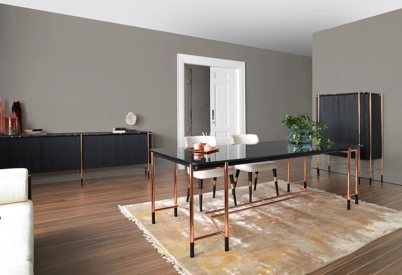 Casa Padrino Luxus Esszimmer Möbel Set Weiß / Schwarz / Kupfer - 1 Luxus Esstisch mit Marmorplatte & 8 Luxus Esszimmerstühle - Esszimmer Möbel - Restaurant Möbel - Luxus Möbel
