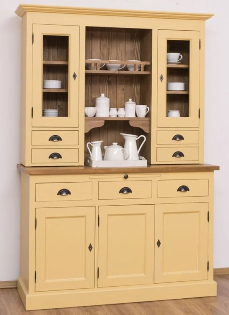 Casa Padrino Landhausstil Küchenschrank Gelb / Braun 137 x 50 x H. 197 cm - 2 Teiliger Küchenschrank mit 5 Türen und 7 Schubladen - Landhausstil Küchenmöbel