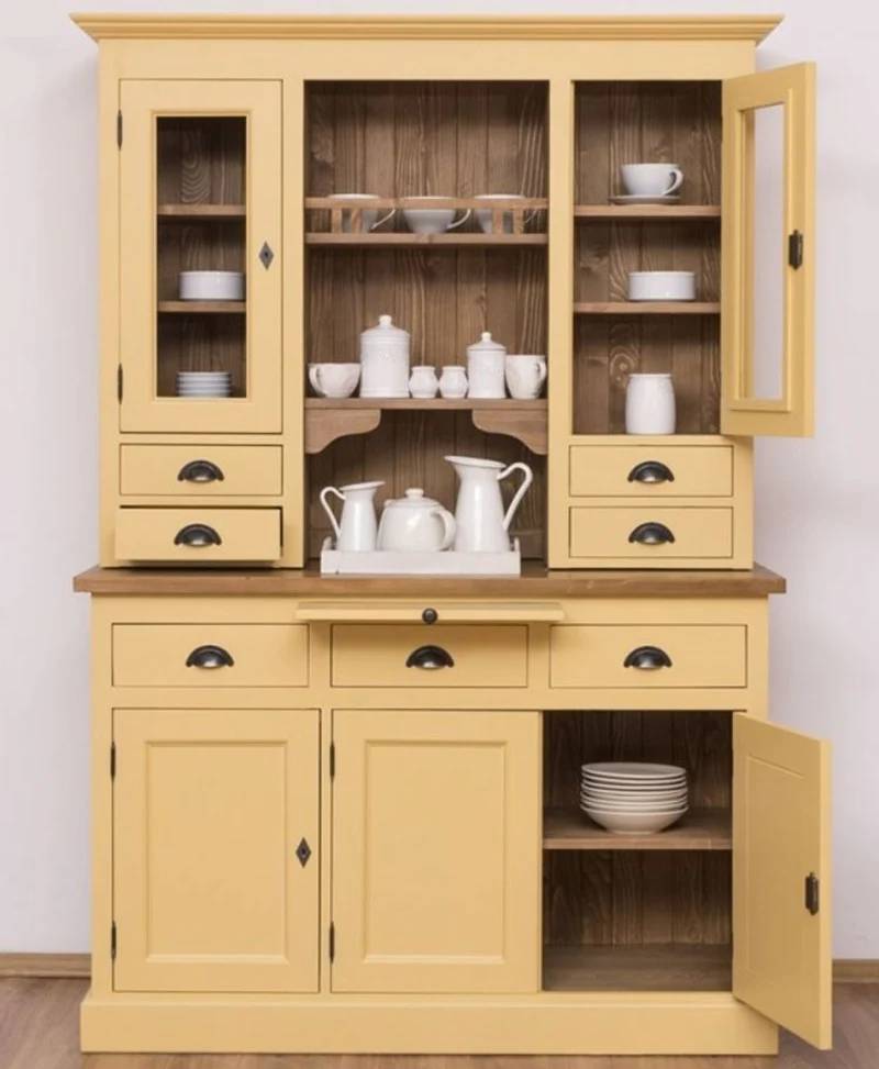 Casa Padrino Landhausstil Küchenschrank Gelb / Braun 137 x 50 x H. 197 cm - 2 Teiliger Küchenschrank mit 5 Türen und 7 Schubladen - Landhausstil Küchenmöbel