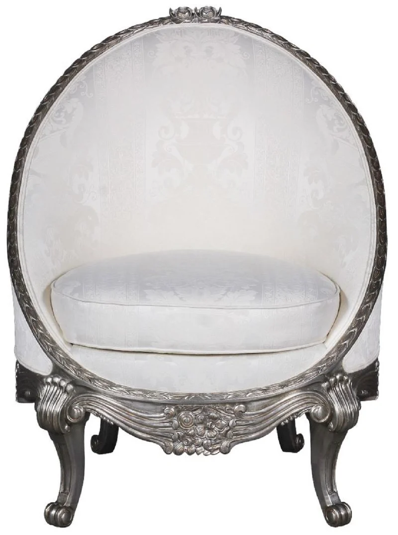 Casa Padrino Luxus Barock Sessel Weiß / Silber 80 x 87 x H. 100 cm - Edler Wohnzimmer Sessel in Eiform - Barock Wohnzimmer Möbel
