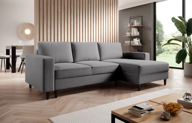 Ecksofa mit Schlaffunktion Nalika, L-förmig, mit Stauraum, grauer hydrophober Samt, rechtsseitig