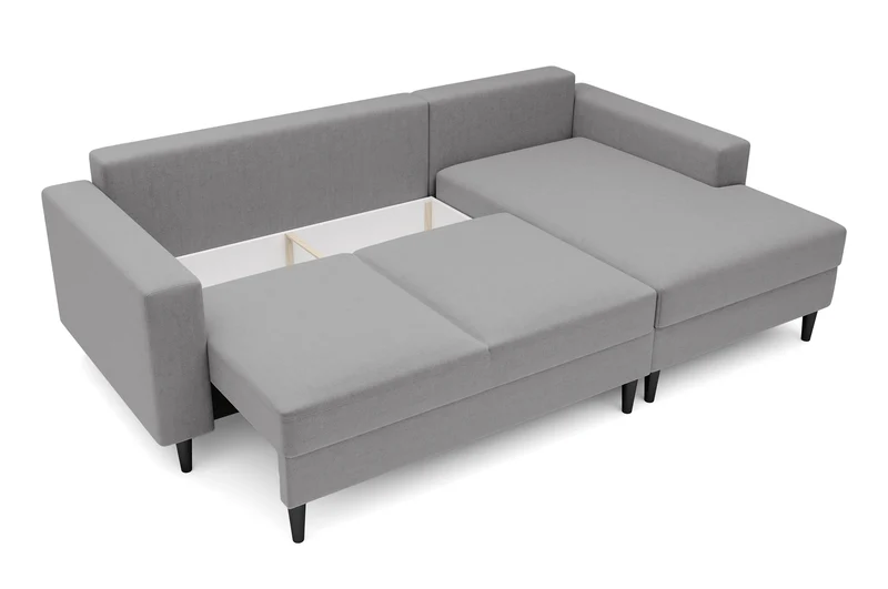 Ecksofa mit Schlaffunktion Nalika, L-förmig, mit Stauraum, grauer hydrophober Samt, rechtsseitig