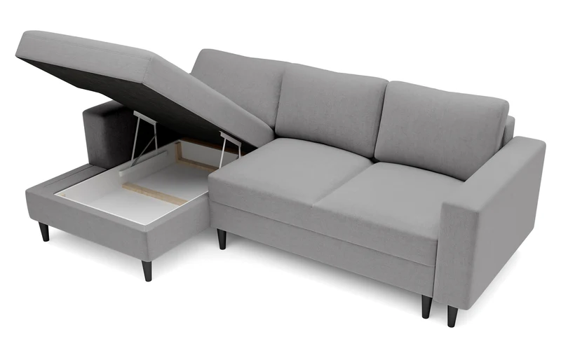 Ecksofa mit Schlafunktion Nalika, L-förmig, mit Stauraum, grauer hydrophober Samt, linksseitig