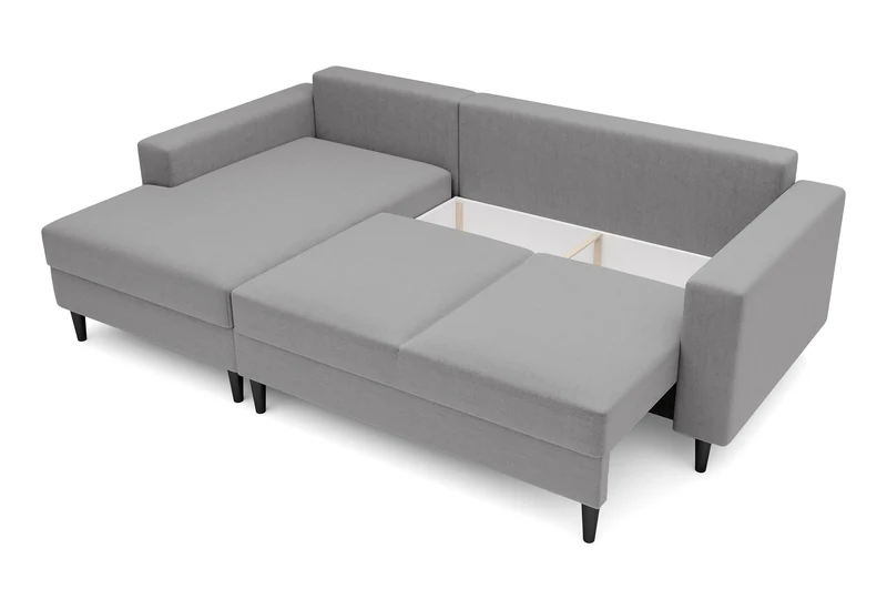 Ecksofa mit Schlafunktion Nalika, L-förmig, mit Stauraum, grauer hydrophober Samt, linksseitig
