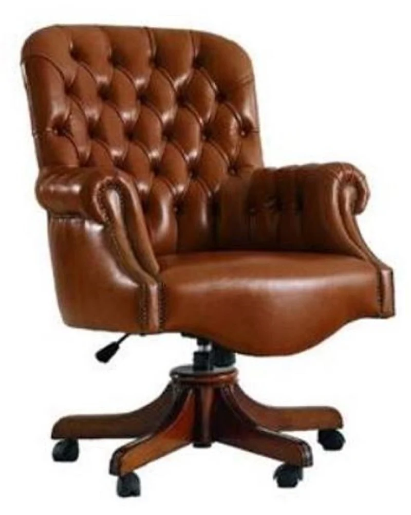 Casa Padrino Luxus Chesterfield Bürostuhl Braun 78 x 80 x H. 110-120 cm - Höhenverstellbarer Schreibtischstuhl mit Echtleder - Büromöbel - Chesterfield Möbel - Echtleder Möbel