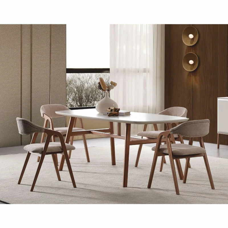 Casa Padrino Luxus Esszimmer Set Weiß / Braun / Grau - 1 Esstisch und 6 Esszimmer Stühle mit Armlehnen