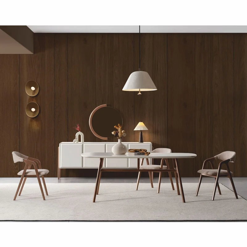 Casa Padrino Luxus Esszimmer Set Weiß / Braun / Grau - 1 Esstisch und 6 Esszimmer Stühle mit Armlehnen
