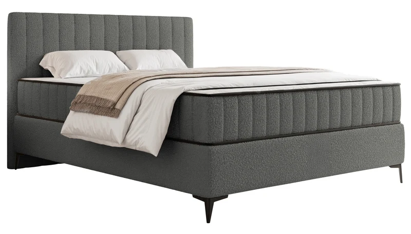 Kontinentales Bett 140x200 cm Mufasso mit Stauraum, dunkelgrauer Bouclé-Bezug