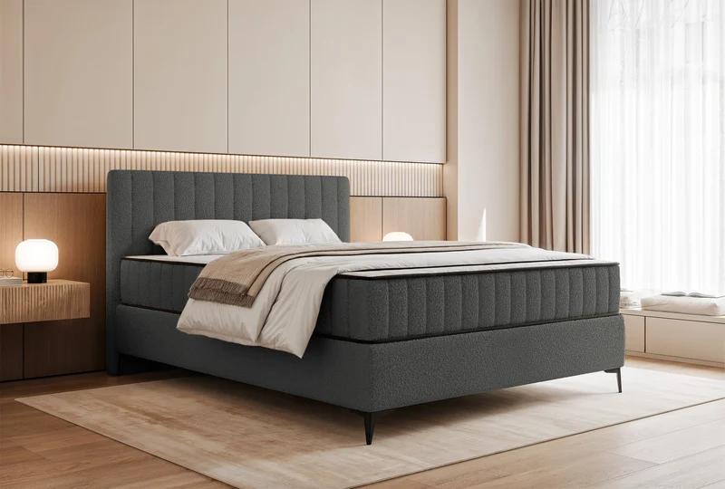 Kontinentales Bett 140x200 cm Mufasso mit Stauraum, dunkelgrauer Bouclé-Bezug