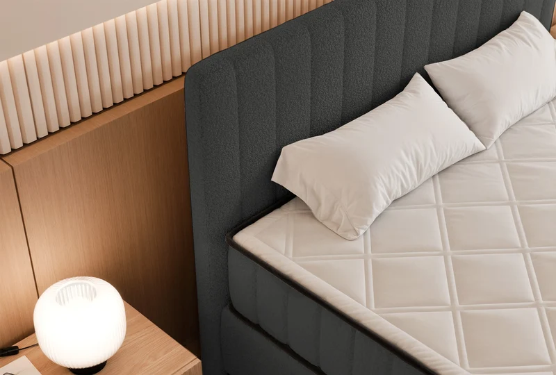 Kontinentales Bett 140x200 cm Mufasso mit Stauraum, dunkelgrauer Bouclé-Bezug