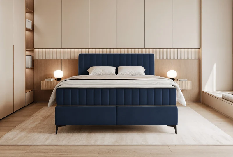 Kontinentales Bett 180x200 cm Mufasso mit Stauraum, marineblauer Veloursstoff, wasserabweisend