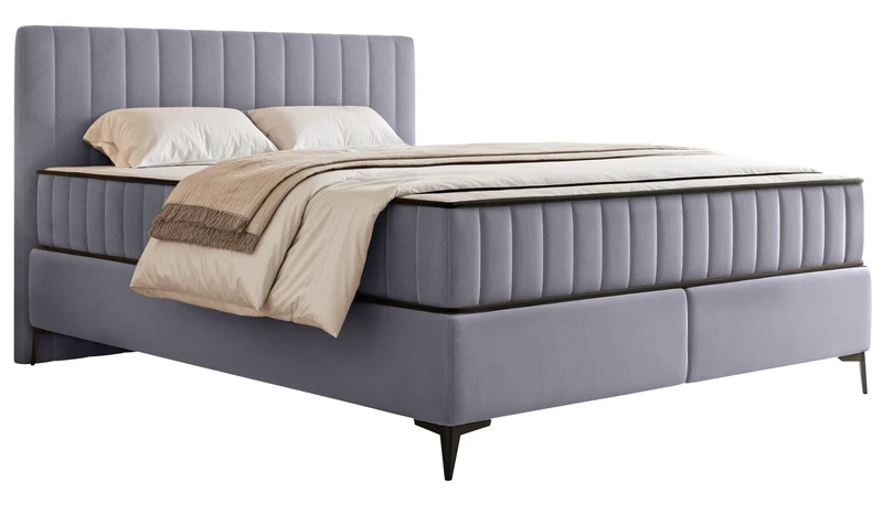 Kontinentales Bett 180x200 cm Mufasso mit Stauraum, hellgrauer Velours, wasserabweisend