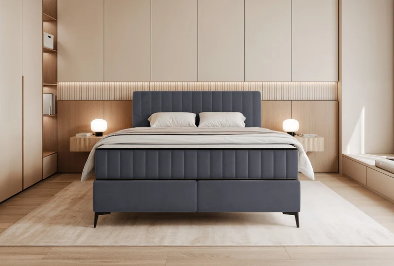 Kontinentales Bett 180x200 cm Mufasso mit Stauraum, grauer Velours, wasserabweisend