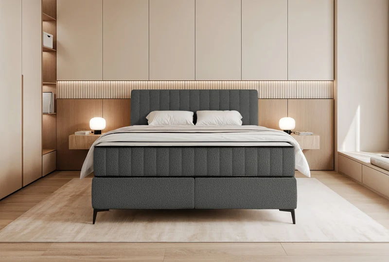 Kontinentalbett 160x200 cm Mufasso mit Stauraum, dunkelgrauer Bouclé-Stoff