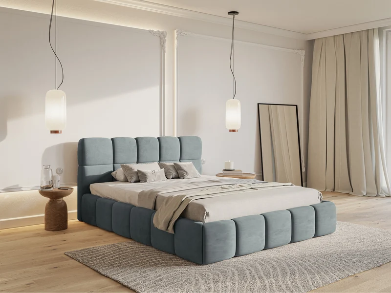 Gepolstertes Bett 180x200 cm Cloudy mit Stauraum, grauer Velours, wasserabweisend und pflegeleicht, Metallrahmen