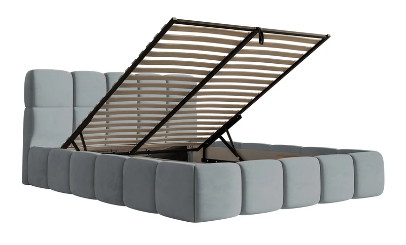 Gepolstertes Bett 140x200 cm Cloudy mit Stauraum, grauer wasserabweisender und leicht zu reinigender Samt, Metallrahmen