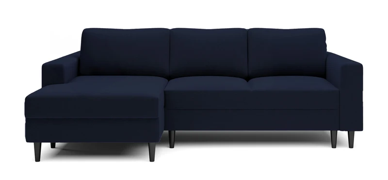 Ecksofa mit Schlafunktion Nalika, L-förmig, mit Stauraum, marineblauer, wasserabweisender Samt, linksseitig
