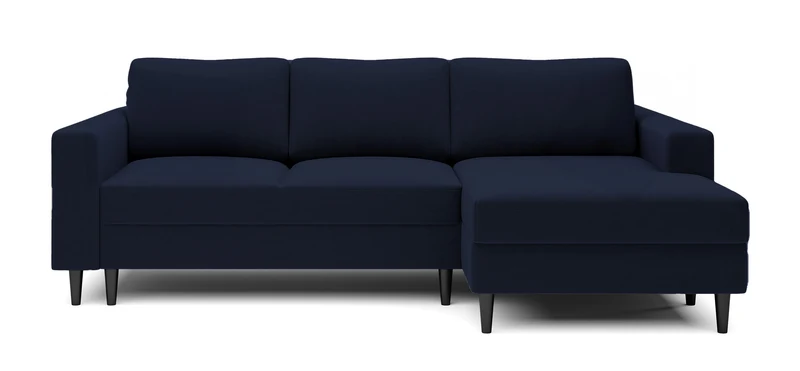 Ecksofa mit Schlaffunktion Nalika, L-förmig, mit Stauraum, marineblauer hydrophober Samt, rechtsseitig
