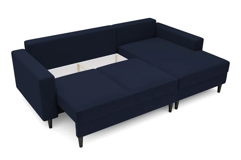 Ecksofa mit Schlaffunktion Nalika, L-förmig, mit Stauraum, marineblauer hydrophober Samt, rechtsseitig