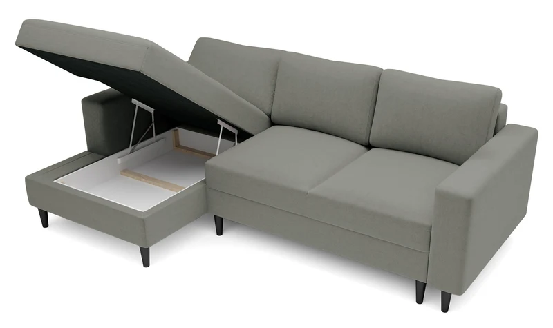 Ecksofa mit Schlaf-Funktion Nalika, L-förmig, mit Stauraum, dunkelbeige, hydrophober Samt, linksseitig