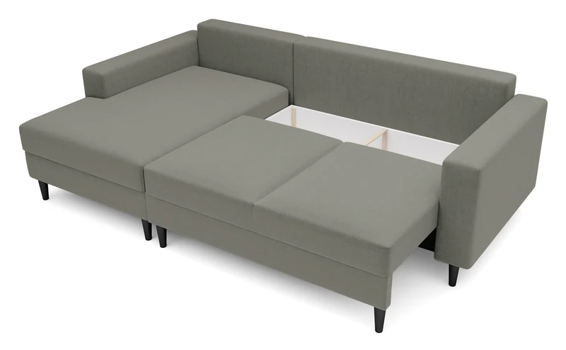 Ecksofa mit Schlaf-Funktion Nalika, L-förmig, mit Stauraum, dunkelbeige, hydrophober Samt, linksseitig