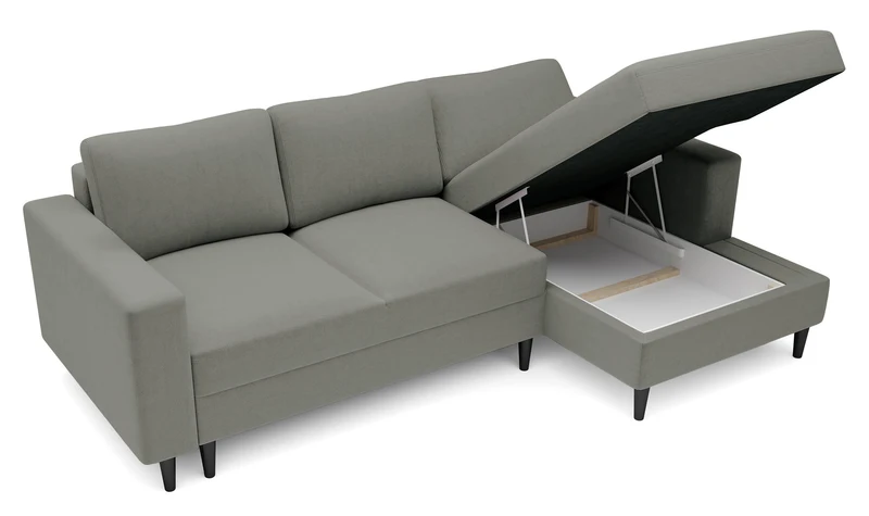 Ecksofa mit Schlafunktion Nalika, L-förmig, mit Stauraum, dunkelbeiger, wasserabweisender Samt, rechtsseitig