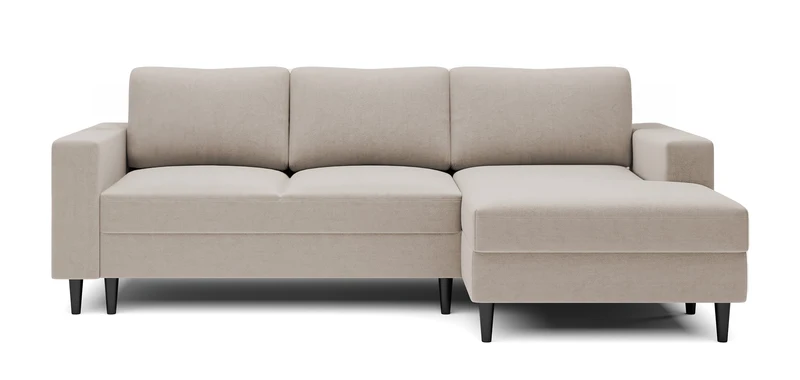 Ecksofa mit Schlaffunktion Nalika, L-förmig, mit Stauraum, beige Velours, wasserabweisend, rechtsseitig