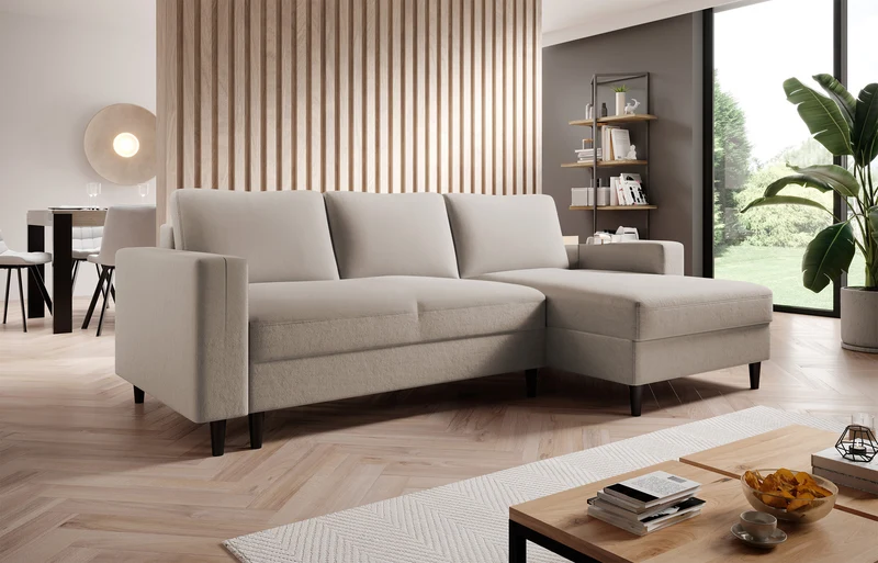 Ecksofa mit Schlaffunktion Nalika, L-förmig, mit Stauraum, beige Velours, wasserabweisend, rechtsseitig