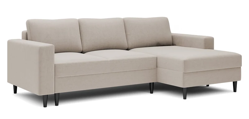 Ecksofa mit Schlaffunktion Nalika, L-förmig, mit Stauraum, beige Velours, wasserabweisend, rechtsseitig