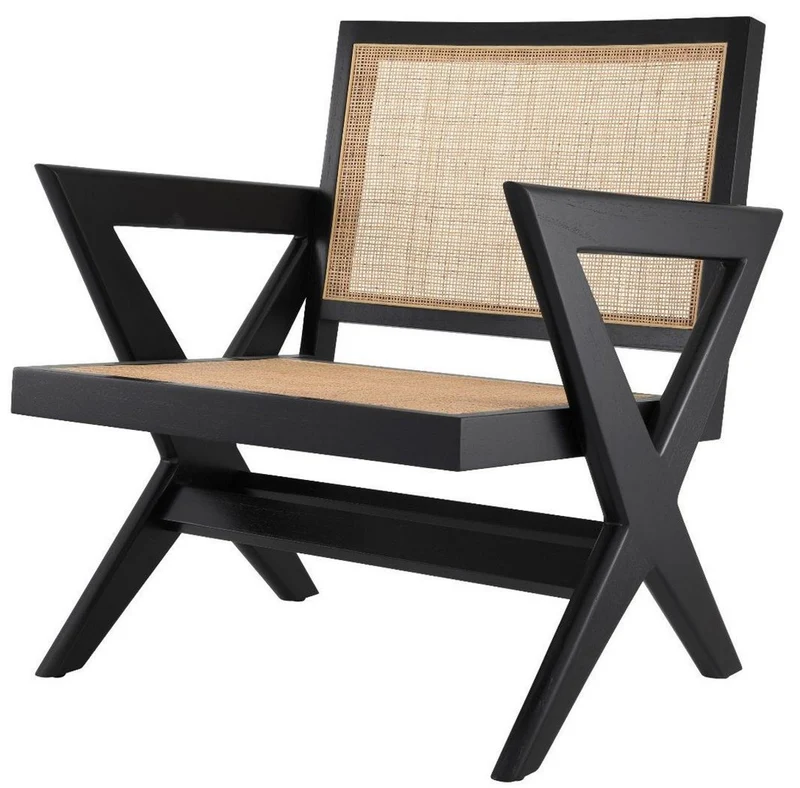 Casa Padrino Luxus Wohnzimmer Sessel Schwarz / Naturfarben 75 x 74 x H. 88 cm - Massivholz Sessel mit Rattangeflecht - Luxus Möbel