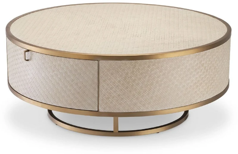 Casa Padrino Luxus Couchtisch Beige / Messingfarben Ø 100 x H. 40,5 cm - Runder Wohnzimmertisch mit 2 Schubladen - Luxus Wohnzimmer Möbel