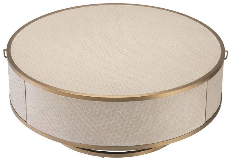 Casa Padrino Luxus Couchtisch Beige / Messingfarben Ø 100 x H. 40,5 cm - Runder Wohnzimmertisch mit 2 Schubladen - Luxus Wohnzimmer Möbel