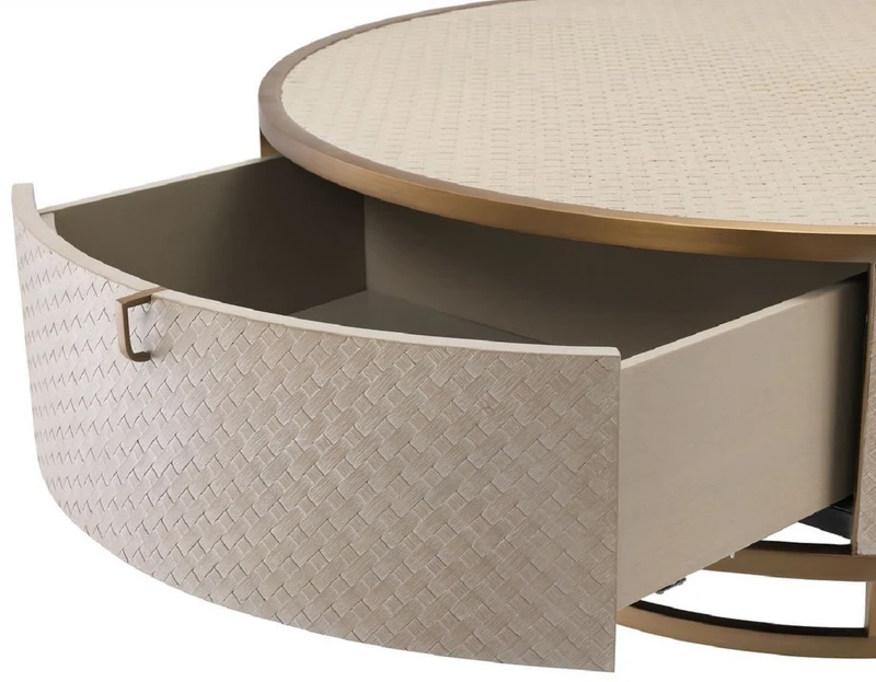Casa Padrino Luxus Couchtisch Beige / Messingfarben Ø 100 x H. 40,5 cm - Runder Wohnzimmertisch mit 2 Schubladen - Luxus Wohnzimmer Möbel