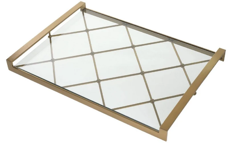 Casa Padrino Luxus Serviertablett Messingfarben 48 x 34 x H. 4 cm - Edelstahl Tablett mit gehärteter Glasplatte - Gastronomie Accessoires - Luxus Qualität