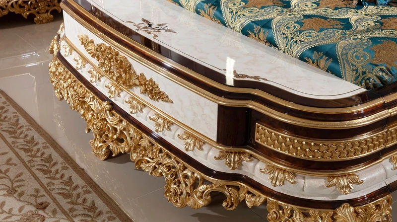 Casa Padrino Luxus Barock Schlafzimmer Set Blau / Weiß / Braun / Gold - Doppelbett mit Kopfteil & 2 Nachtkommoden