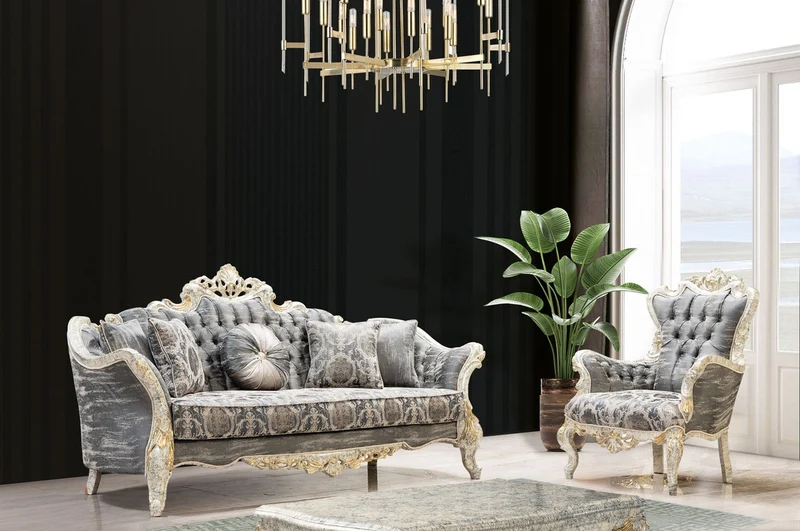 Casa Padrino Luxus Barock Sofa Grau / Antik Weiß / Gold - Barockstil Wohnzimmer Sofa mit elegantem Muster - Luxus Wohnzimmer Möbel im Barockstil - Barock Möbel - Barock Einrichtung