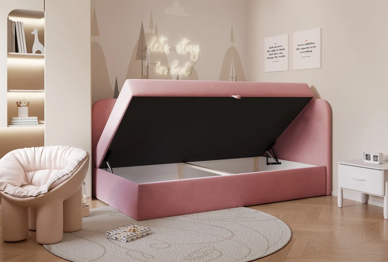 Jugendbett 90x200 cm Nubini rechtsseitig mit Stauraum rosa Velours wasserabweisend