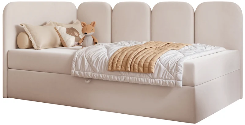 Jugendbett 90x200 cm Nubini linksseitig mit Stauraum, hellbeiger wasserabweisender Samt