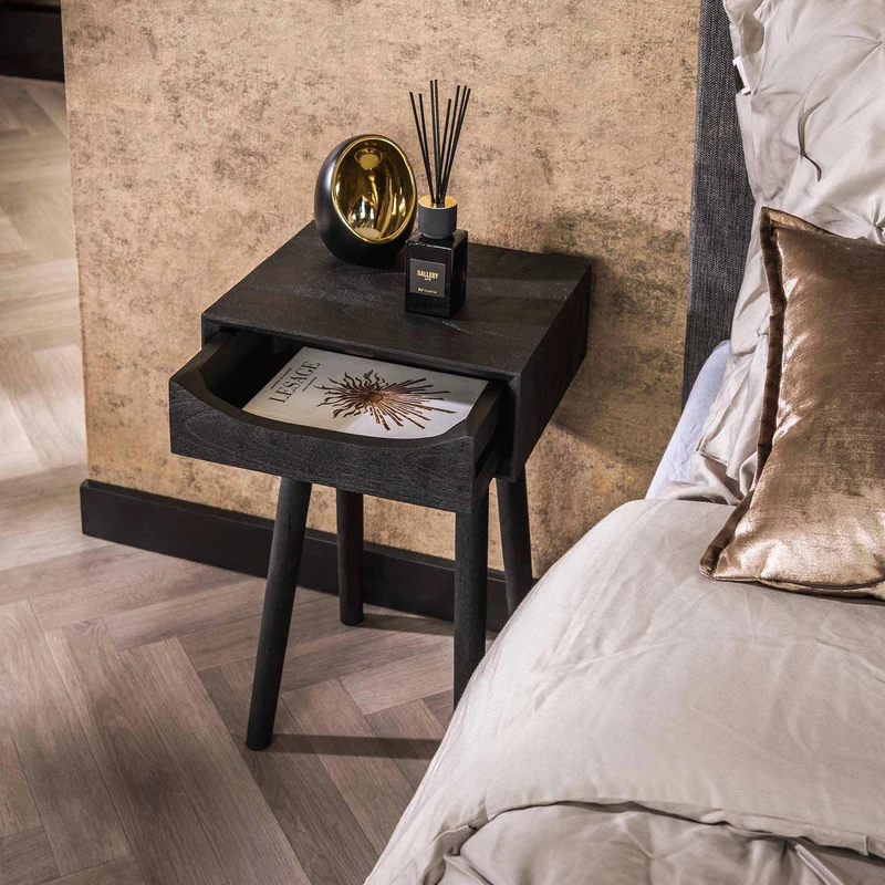 Nachtkommode SLEEK Beistelltisch Akazienholz Schwarz