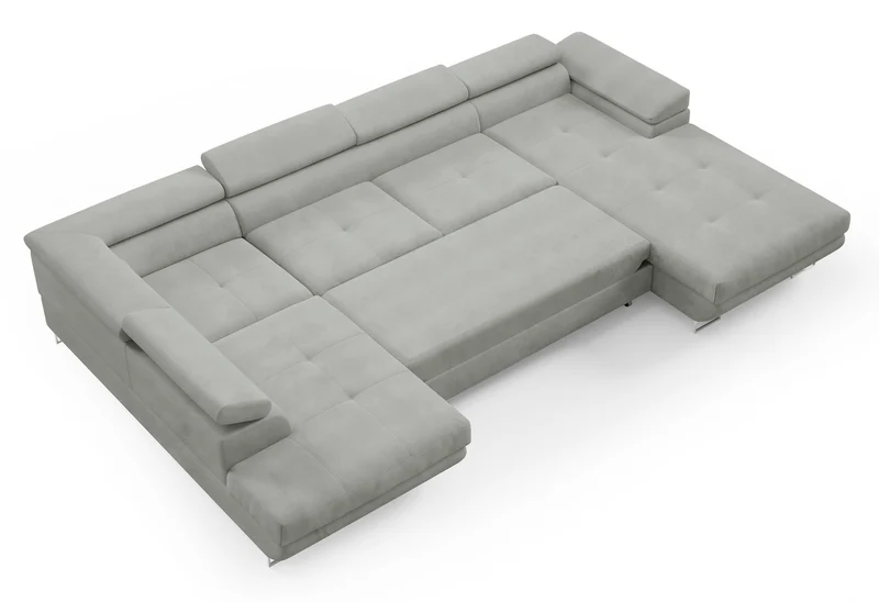 Ecksofa mit Schlaffunktion Nollia, U-förmig, linksseitig, mit verstellbaren Kopfstützen und zwei Stauraumfächern, hellgrauer Bouclé-Stoff