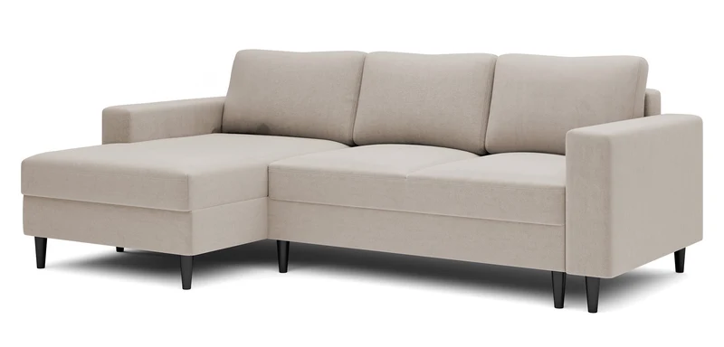 Ecksofa mit Schlafunktion Nalika, L-förmig, mit Stauraum, beige, hydrophober Samt, linksseitig