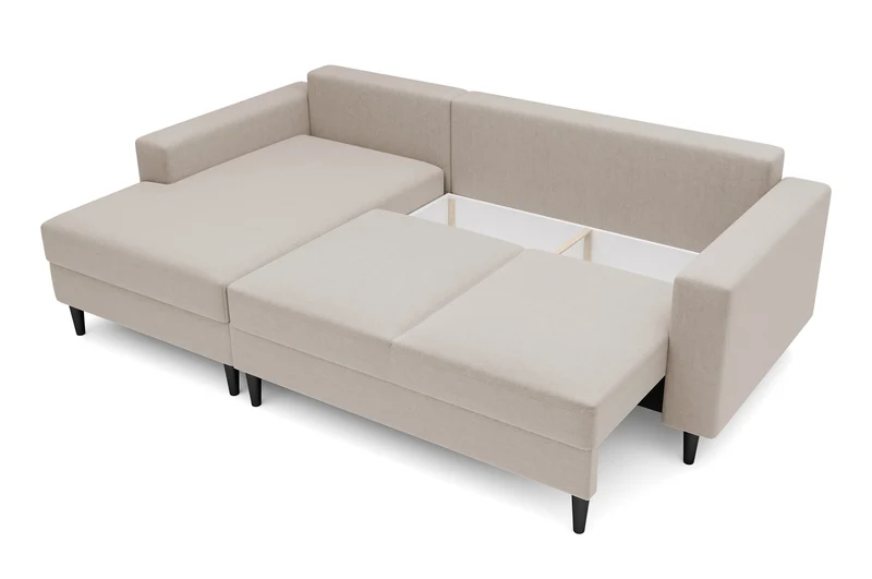 Ecksofa mit Schlafunktion Nalika, L-förmig, mit Stauraum, beige, hydrophober Samt, linksseitig