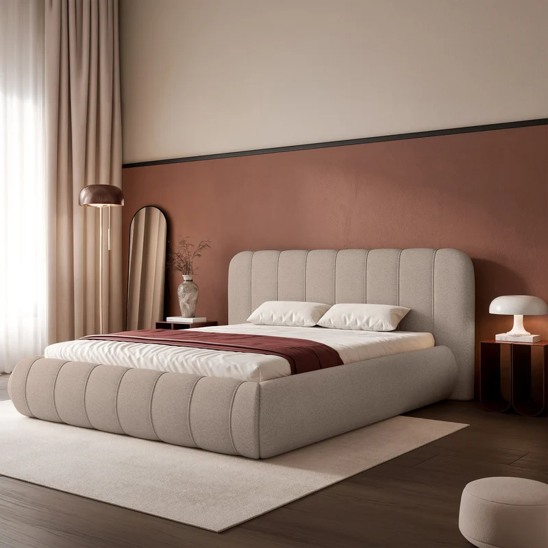 Gepolstertes Bett 200x200 cm Malunna mit Stauraum, Metallrahmen, hellbeige Chenille, pflegeleicht
