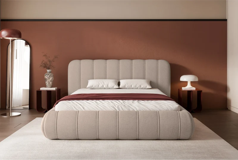 Gepolstertes Bett 200x200 cm Malunna mit Stauraum, Metallrahmen, hellbeige Chenille, pflegeleicht
