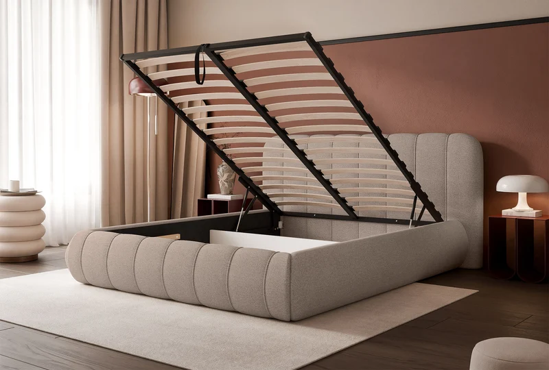 Gepolstertes Bett 200x200 cm Malunna mit Stauraum, Metallrahmen, hellbeige Chenille, pflegeleicht