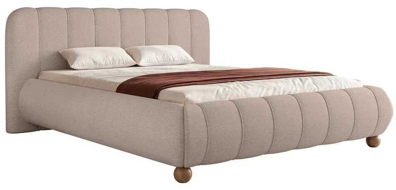Polsterbett 160x200 cm Malunna mit Stauraum, Metallrahmen, grau-beiges Chenille, pflegeleicht, kugelförmige Beine aus lackiertem Buchenholz